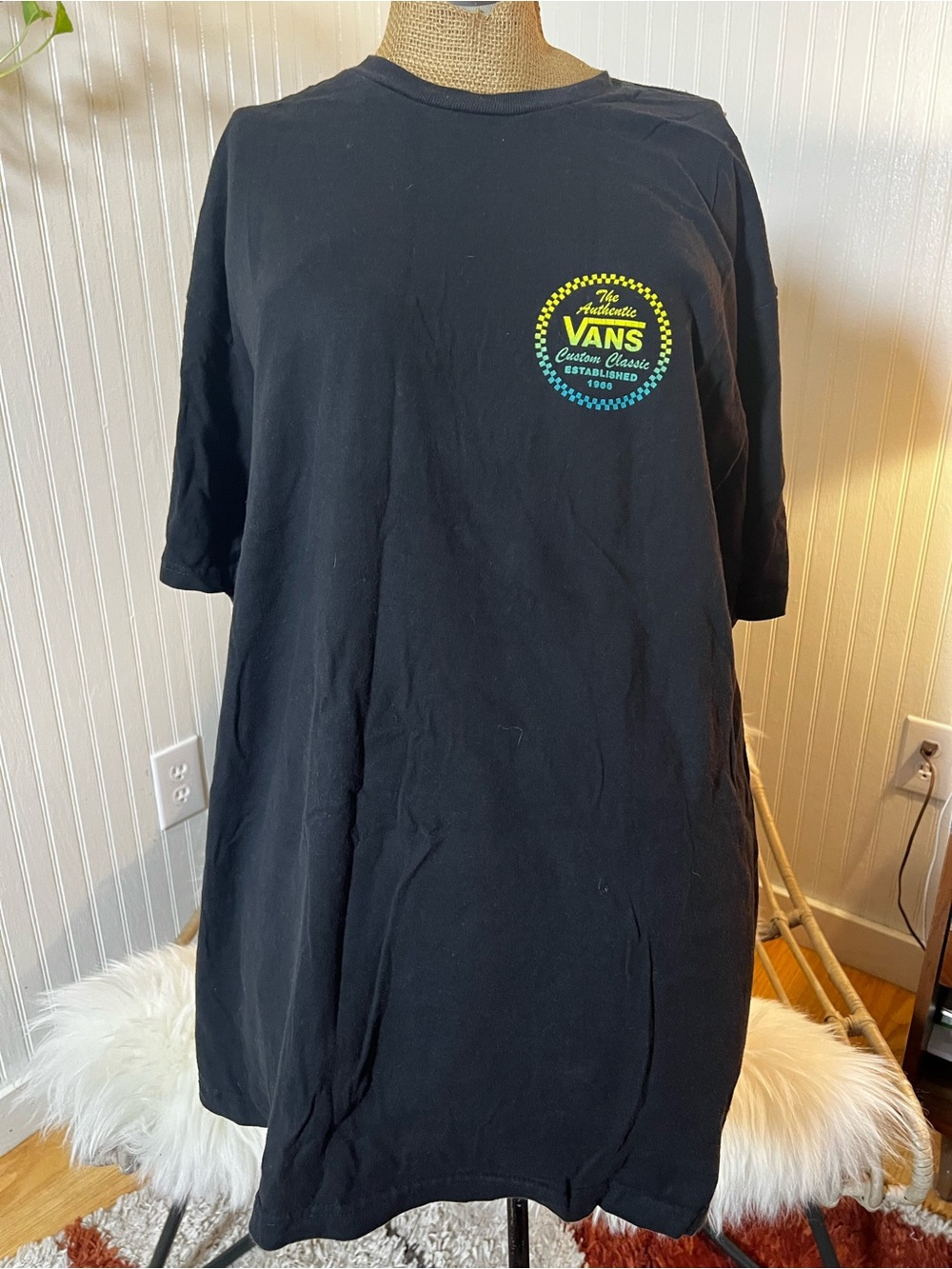 Vans Black Short-Sleeve Tee with Yellow-Green Chest Emblem